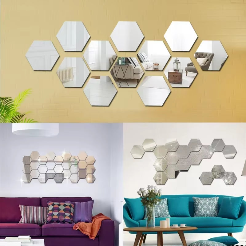 12Pcs Hexagonal Acrylic Mirror Wall Sticker Self Adhesive Mosaic Tile Decals Removable Wall Sticker DIY Home Decoration